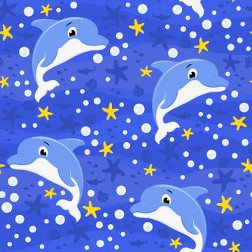 Seamless pattern with cute baby dolphin cartoon illustration with bubbles and Stockillustratie