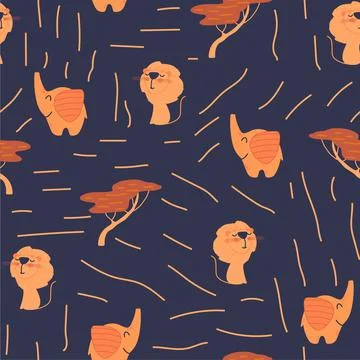 Seamless pattern with cute baby elephant an cute baby lion on dark blue Stock Illustration