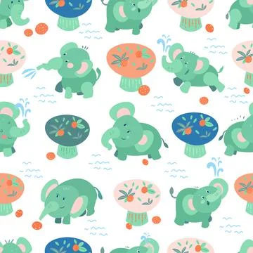 Seamless pattern with cute baby elephants and African plants. Color vector Illustrazione stock