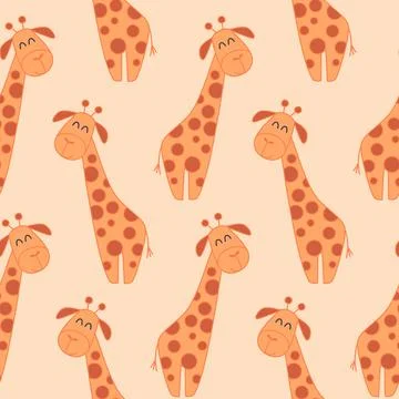 Seamless pattern with cute baby giraffe, safari animals, on light orange Stock Illustration