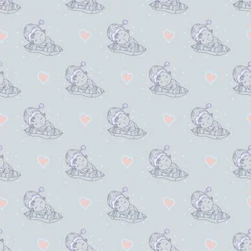 Seamless pattern. A cute baby in a hat with a balambon sleeps sweetly on a pillo Stock Illustration