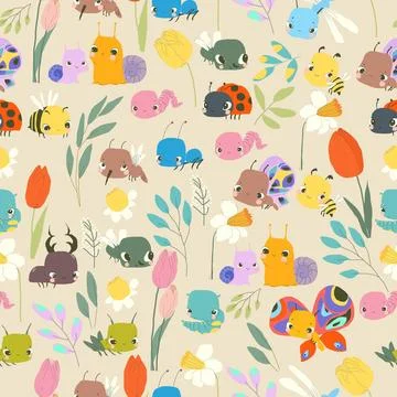 Seamless Pattern with Cute Baby Insects, Flowers and Plants Stock Illustration