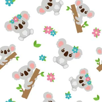 Seamless pattern with cute baby koala with floral wreath sitting. Australian Stock Illustration