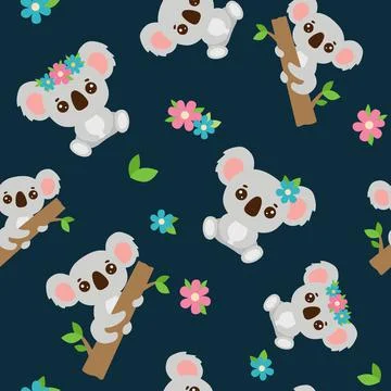 Seamless pattern with cute baby koala with floral wreath sitting. Australian Stock Illustration