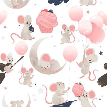 Seamless pattern with cute baby mouse and baloons, flat cartoon vector Stock Illustration