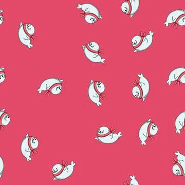 Seamless pattern Cute baby seal wearing red scarf swimming Stock Illustration
