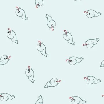 Seamless pattern Cute baby seal enjoying festive candy cane 库存插图
