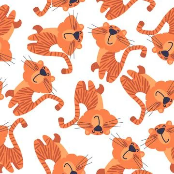 Seamless pattern with cute baby tiger on white background Stock Illustration