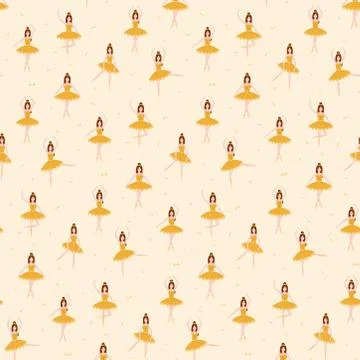 Seamless pattern with cute ballerina poses in yellow tutu, little gymnastics Stock Illustration