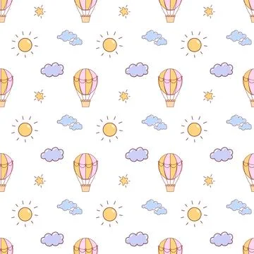Seamless pattern with cute balloons and clouds on a white background. Creativ 스톡 일러스트