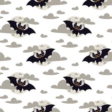 Seamless Pattern with Cute Bats, Moon and Clouds on Midnight Blue Background Illustrazione stock