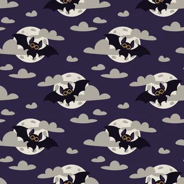 Seamless Pattern with Cute Bats, Moon and Clouds on Midnight Blue Background 스톡 일러스트