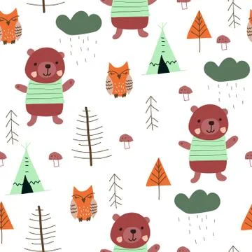 Seamless pattern with cute bear and owl. Stock Illustration