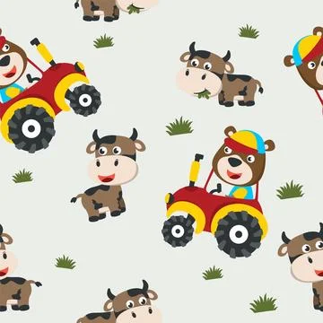 Seamless pattern of Cute bear and tractor in the farm, Stock Illustration