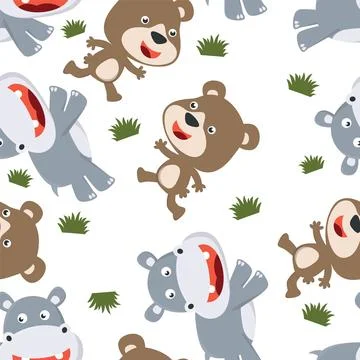 Seamless pattern of cute bear and hippo in the jungle. Illustrazione stock