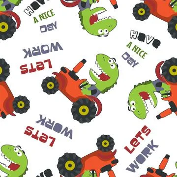 Seamless pattern of  cute bear and tractor in the farm, funny animal cartoon Stock Illustration