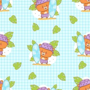 Seamless pattern with Cute bear beachgoer surfer on blue checkered backgrou.. Stock Illustration
