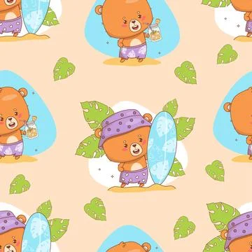 Seamless pattern with Cute bear beachgoer surfer and Animal relaxing with d.. Stock Illustration