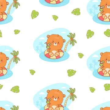 Seamless pattern with Cute bear beachgoer in relaxing on swim ring with dri.. 스톡 일러스트