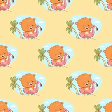 Seamless pattern with Cute bear beachgoer on inflatable flamingo float on y.. イラスト素材