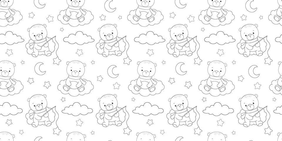 Seamless pattern with cute bear on cloud, outline hand drawn allover illust.. Stock Illustration