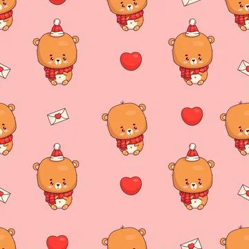 Seamless pattern with cute bear cub with hearts and love letters on pink ba.. Stock Illustration
