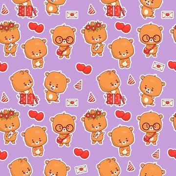 Seamless pattern with cute bear cub on purple background. Funny kawaii anim.. Stock Illustration