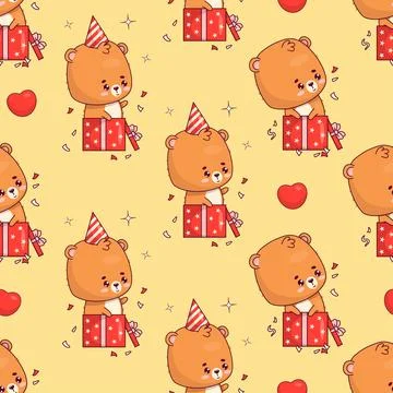 Seamless pattern with cute bear cub in gift box on yellow background. Funny.. 스톡 일러스트