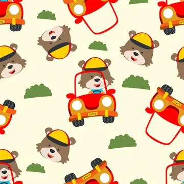 Seamless pattern of Cute bear driving a car go to forest funny animal 스톡 일러스트
