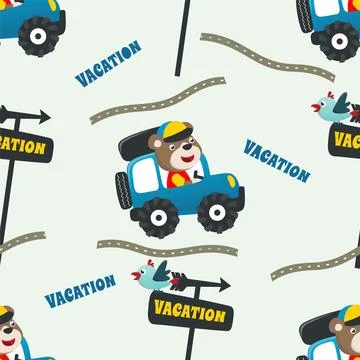 Seamless pattern of Cute bear driving a car go to forest 스톡 일러스트