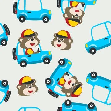 Seamless pattern of Cute bear driving a car go to forest Stock Illustration
