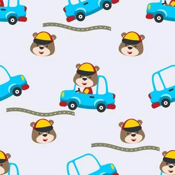 Seamless pattern of Cute bear driving a car go to forest Stock Illustration