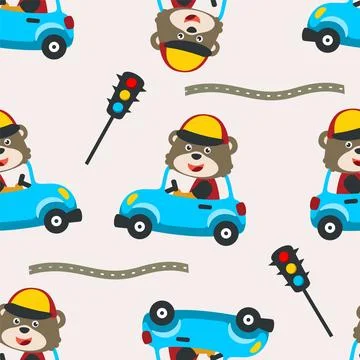 Seamless pattern of Cute bear driving a car go to forest Stock Illustration