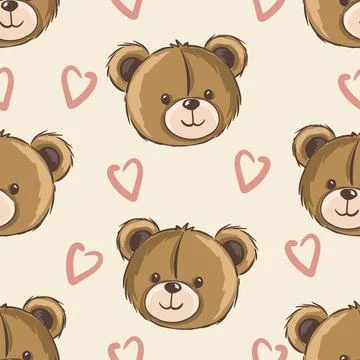 Seamless pattern with cute bear faces and pink hearts on cream background Stock Illustration