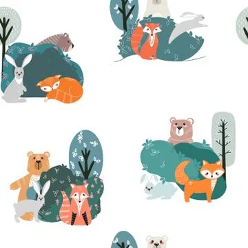 Seamless pattern with cute bear, fox, hare and rabbit Stock Illustration