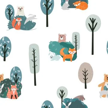 Seamless pattern with cute bear, fox, hare and rabbit Illustrazione stock