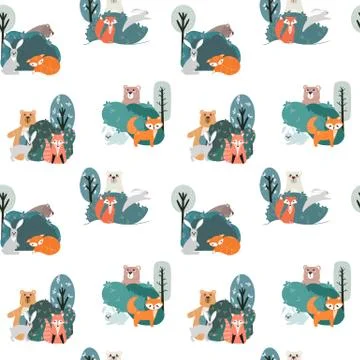 Seamless pattern with cute bear, fox, hare and rabbit on a background of plan Stockillustratie