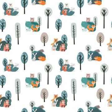 Seamless pattern with cute bear, fox, hare and rabbit on a background of plan Stock Illustration