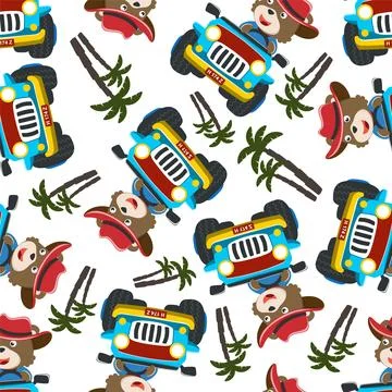 Seamless pattern of cute bear having fun driving off road car on sunny day Stock Illustration