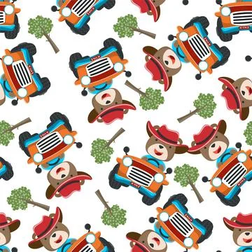 Seamless pattern of cute bear having fun driving off road car on sunny day. Stock Illustration