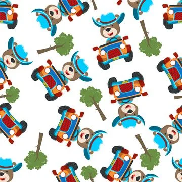 Seamless pattern of cute bear having fun driving off road car on sunny day. Stock Illustration