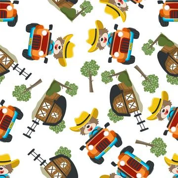 Seamless pattern of cute bear having fun driving off road car on sunny day Stock Illustration