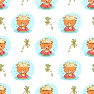 Seamless pattern with Cute bear in inflatable pool ring watermelon with dri.. Illustrazione stock