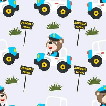 Seamless pattern of Cute bear junggle patrol police go to forest Stock Illustration