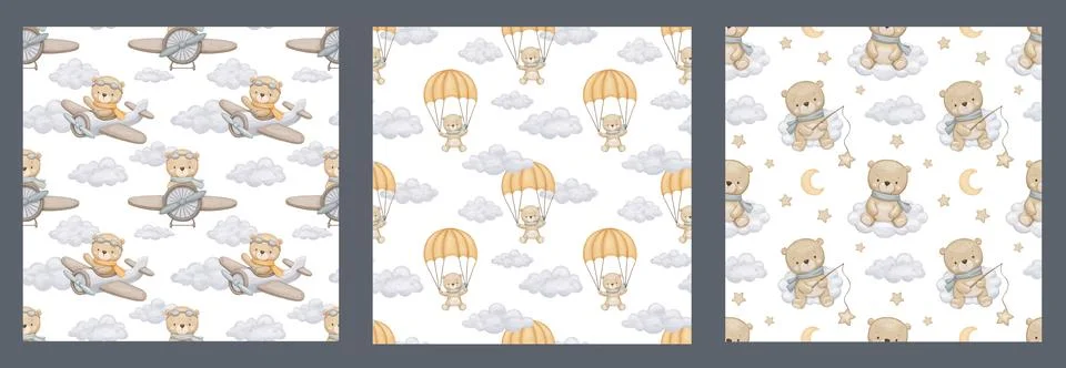 Seamless pattern with cute bear in neutral colors Bear pilot on airplane, han Stock Illustration