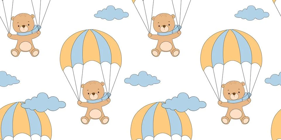 Seamless pattern with cute bear with parachute on white. Childish allover b.. Illustrazione stock