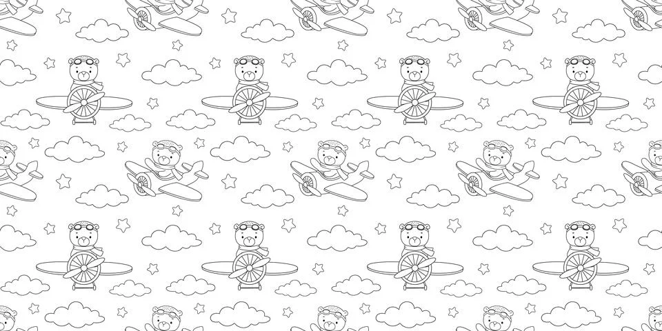 Seamless pattern with cute bear pilot on airplane, outline hand drawn illus.. Stock Illustration