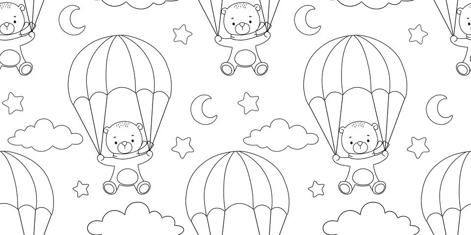 Seamless pattern with cute bear pilot with parachute, outline hand drawn il.. Stock Illustration