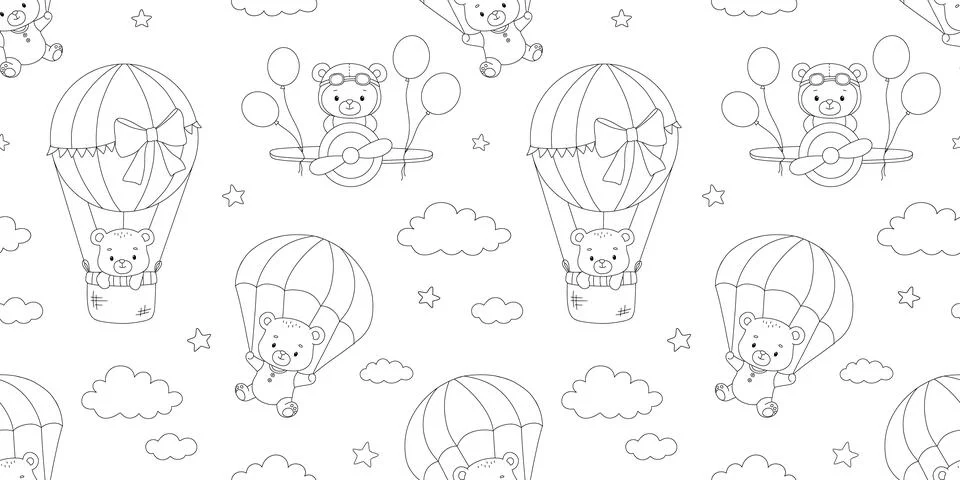 Seamless pattern with cute bear pilot in airplane, hot air balloon and para.. Stock Illustration