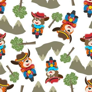 Seamless pattern of Cute bear riding motorcycle in the road Stock Illustration